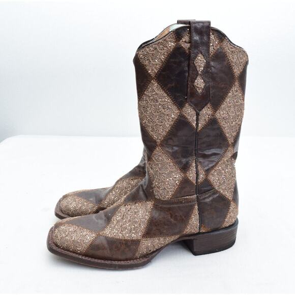 Tanner Mark Womens 10 Boots Patchwork Glitter Western Brown Rodeo Square Toe - Picture 1 of 7